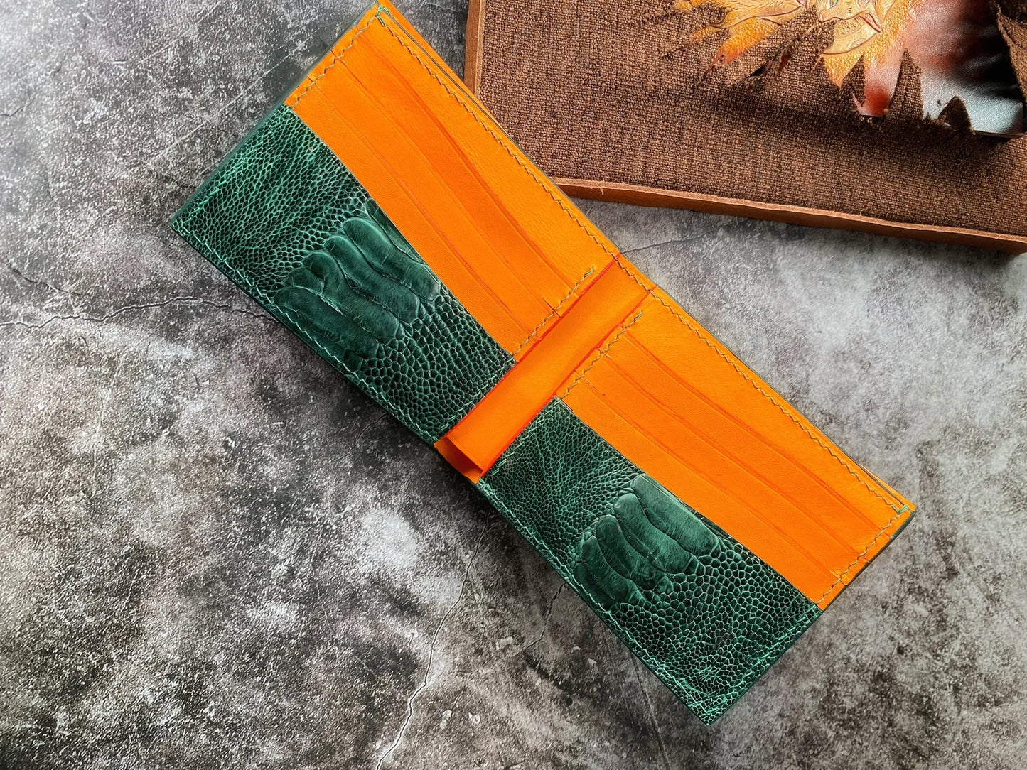 Green Ostrich Leg Leather Wallet
