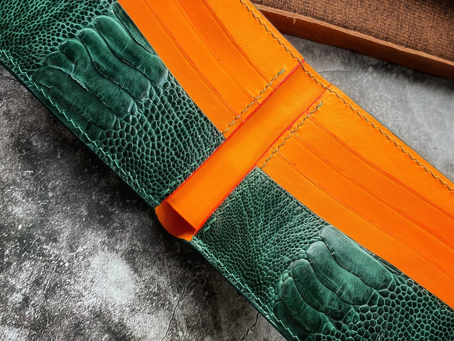 Green Ostrich Leg Leather Wallet