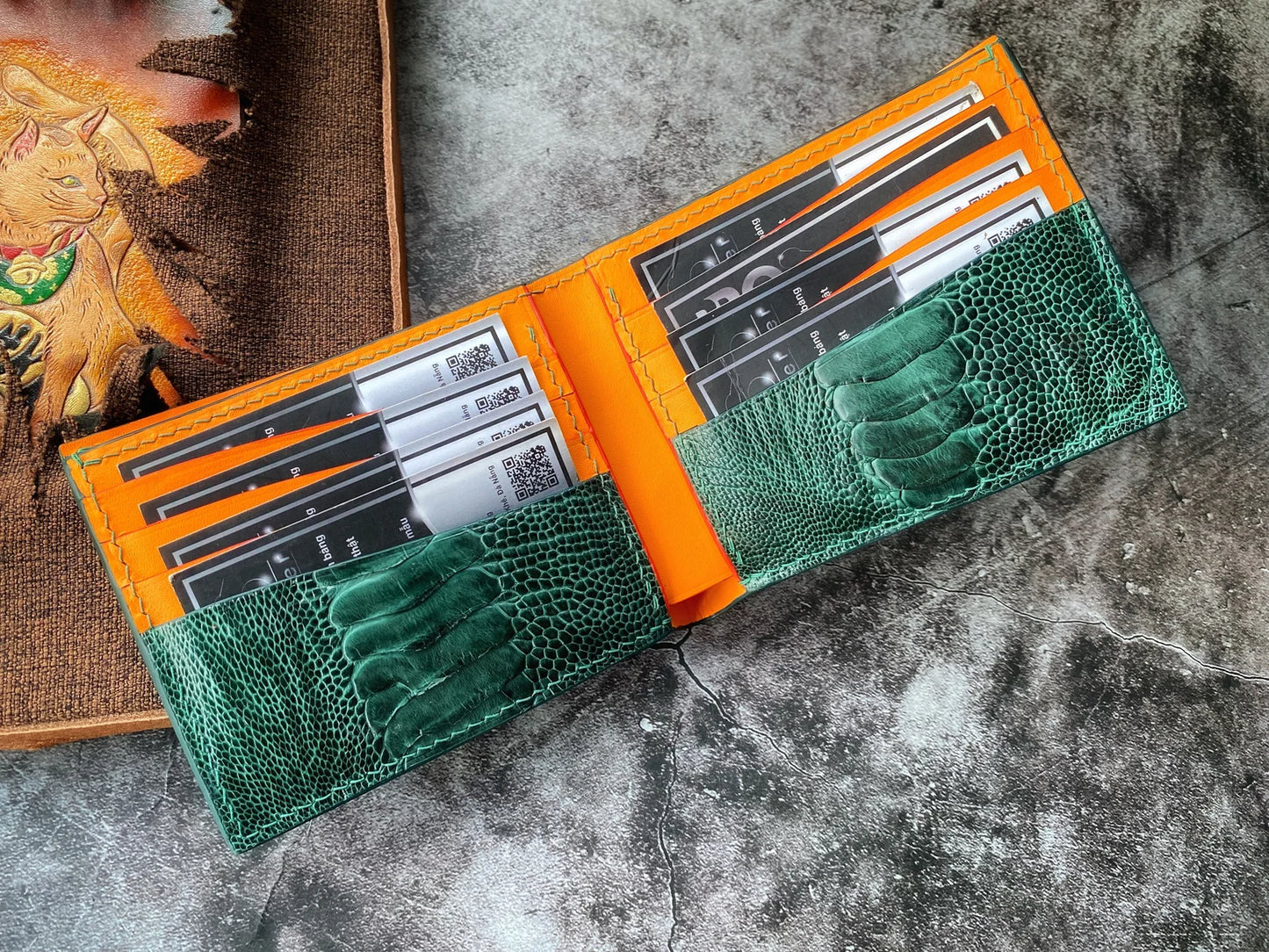 Green Ostrich Leg Leather Wallet