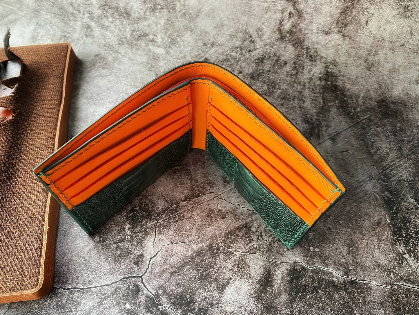 Green Ostrich Leg Leather Wallet