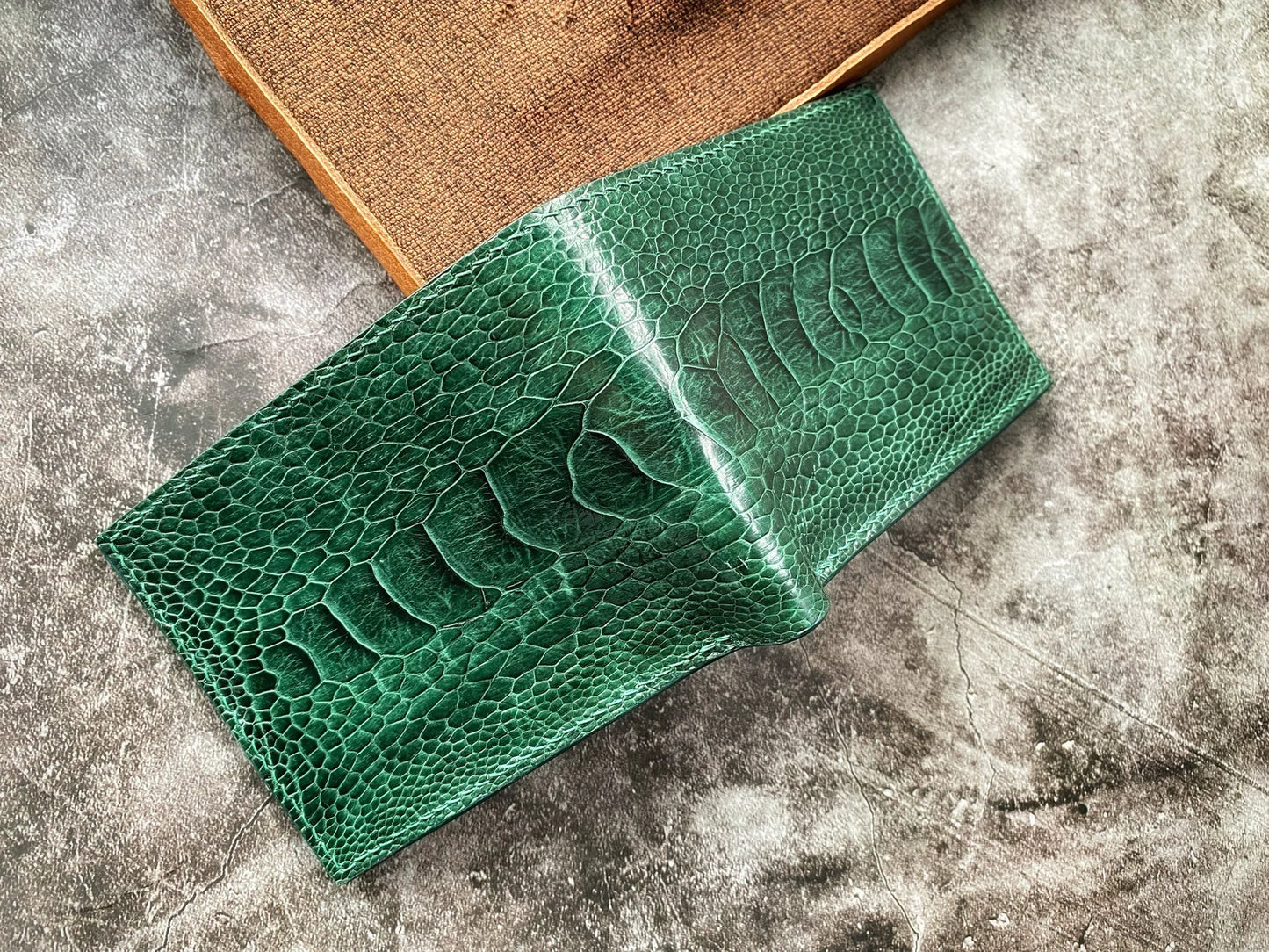 Green Ostrich Leg Leather Wallet