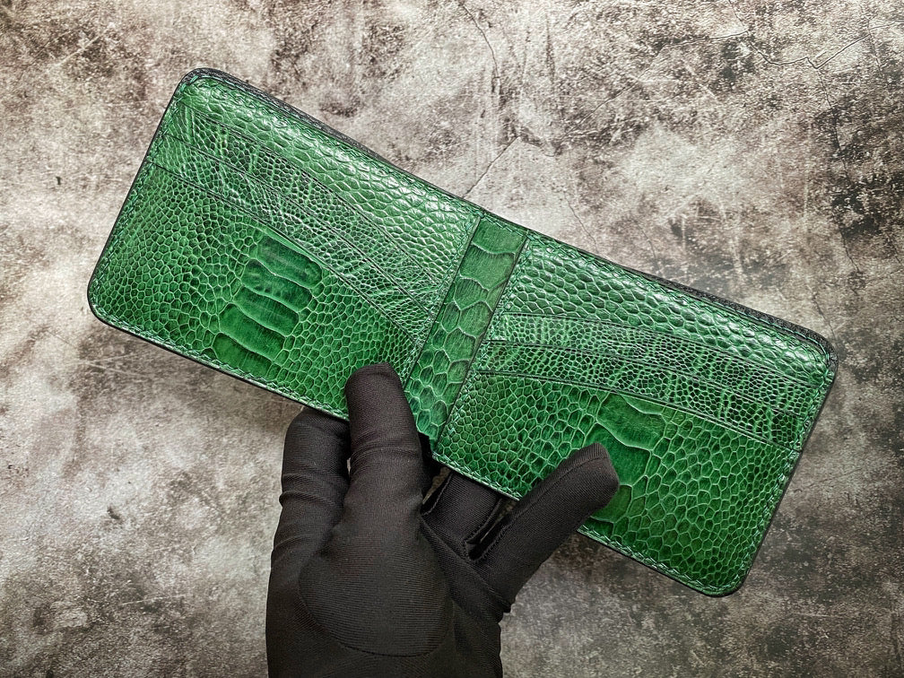 Custom Black And Green Blue Ostrich Leg Leather Wallet