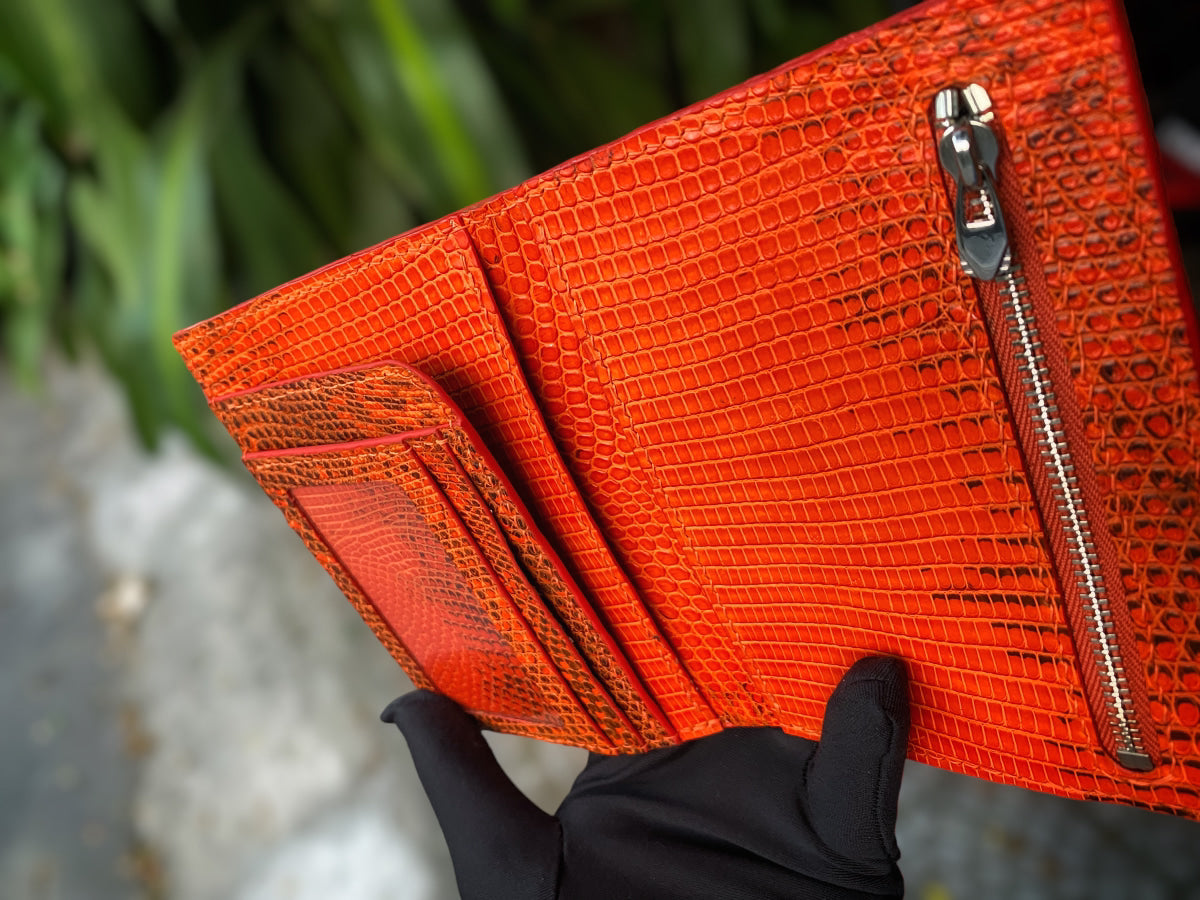 Custom Orange Lizard Leather Passport Wallet