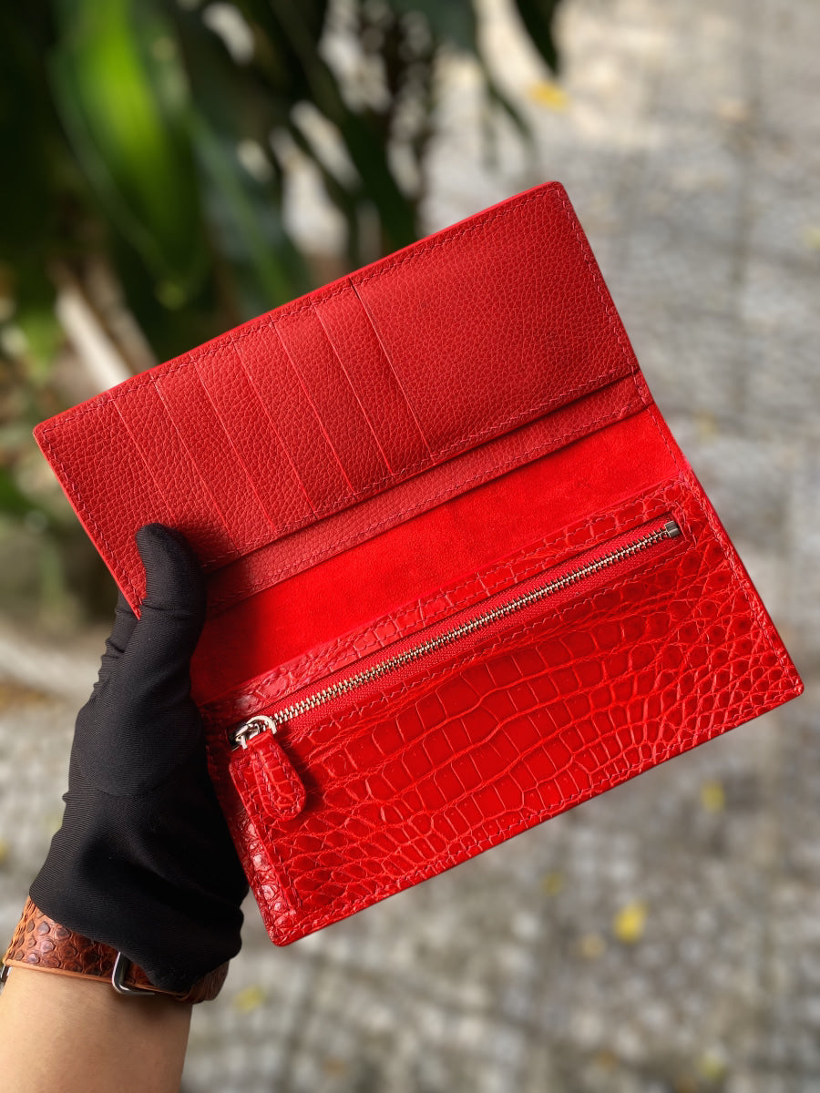 Custom Red Alligator Leather Long Wallet