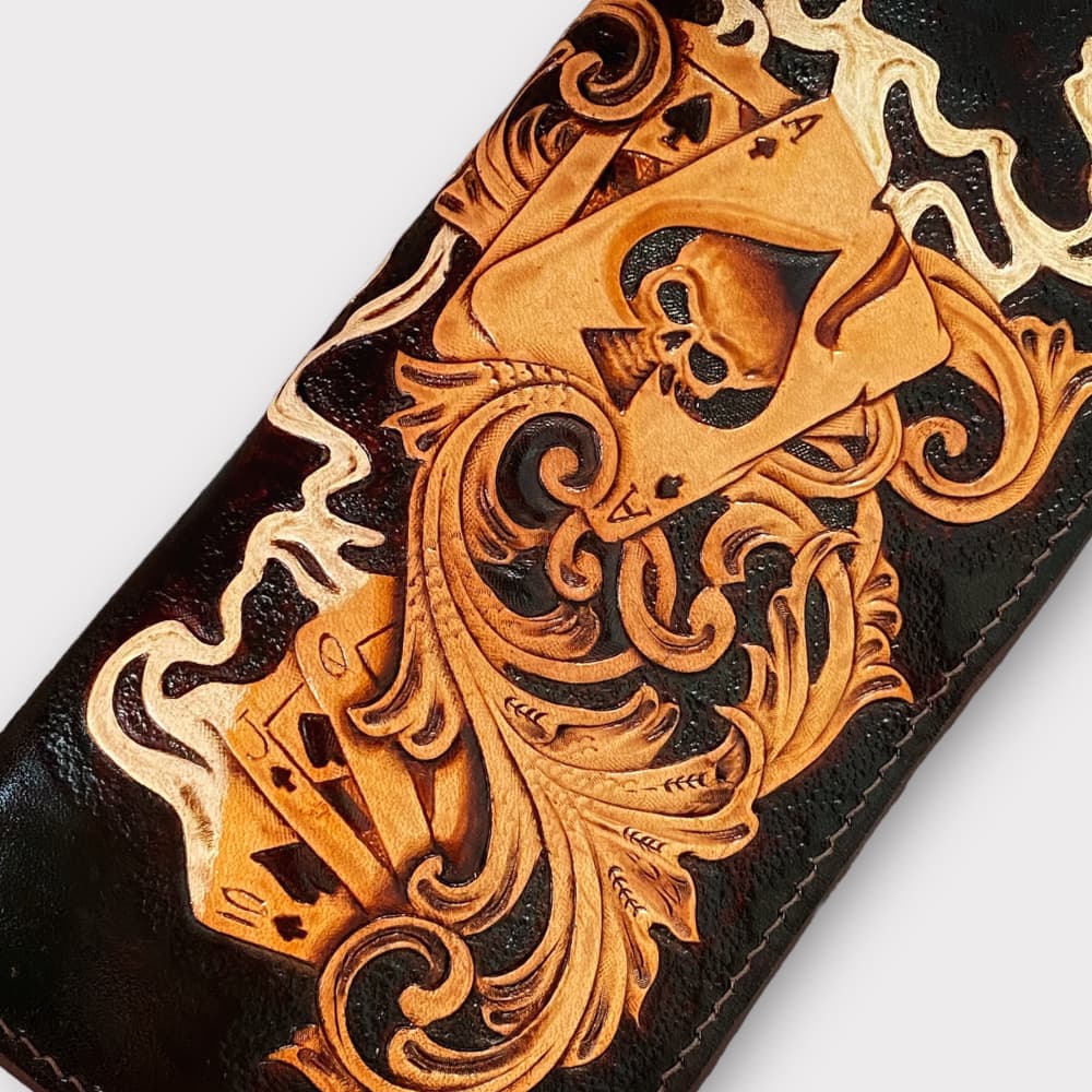 Custom Hand-Carved Skull Ace Card Long Wallet