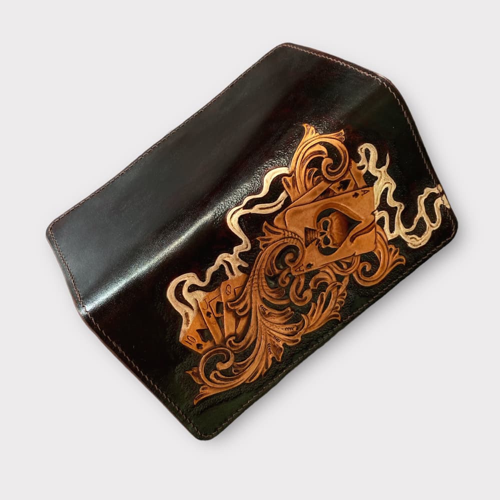 Custom Hand-Carved Skull Ace Card Long Wallet