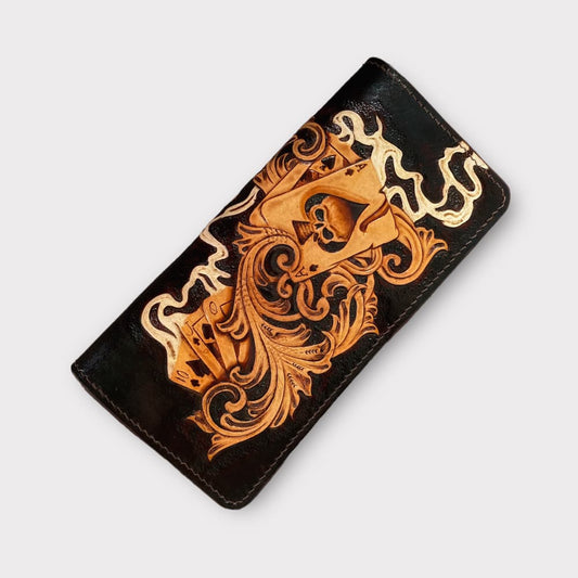 Custom Hand-Carved Skull Ace Card Long Wallet