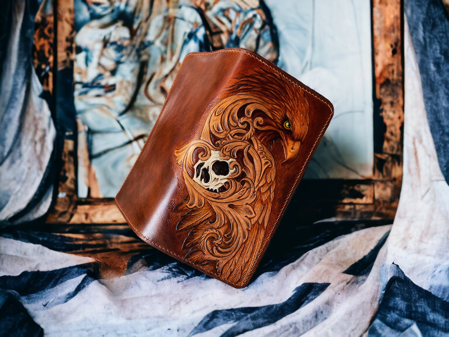 Custom Hand-Carved Eagle & Skull Long Wallet