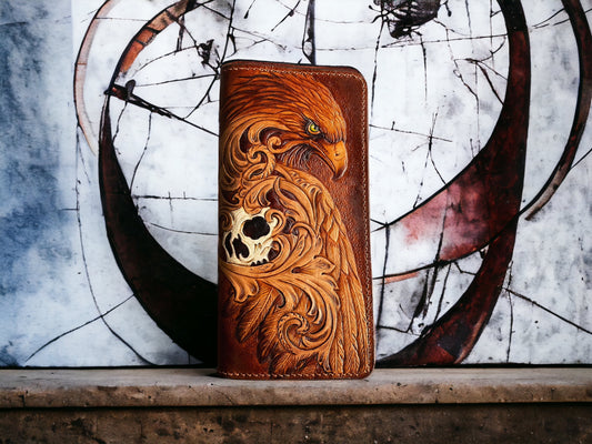 Custom Hand-Carved Eagle & Skull Long Wallet