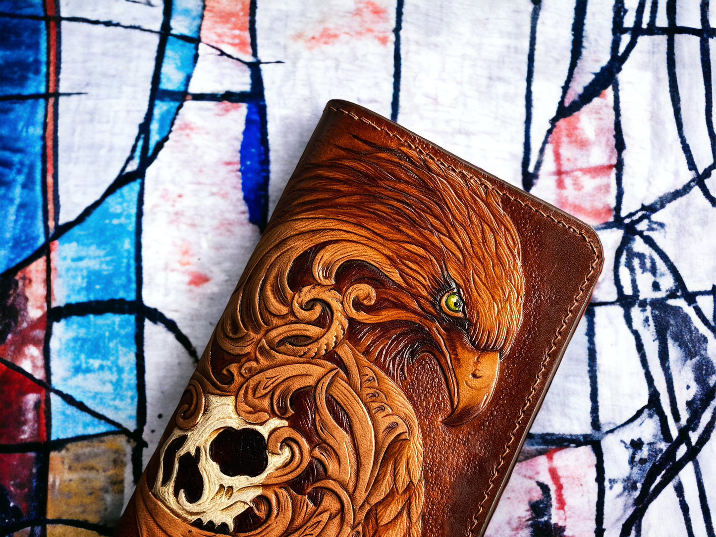 Custom Hand-Carved Eagle & Skull Long Wallet