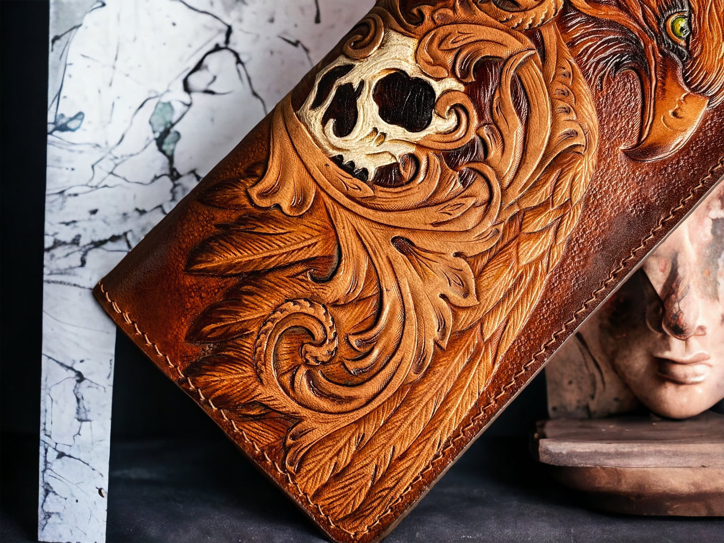Custom Hand-Carved Eagle & Skull Long Wallet