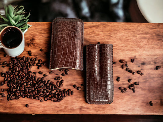 Handmade Luxury Brown Alligator Cigar Case, Leather Cigar Humidor, 2 to 3 Tubes Cigar Case