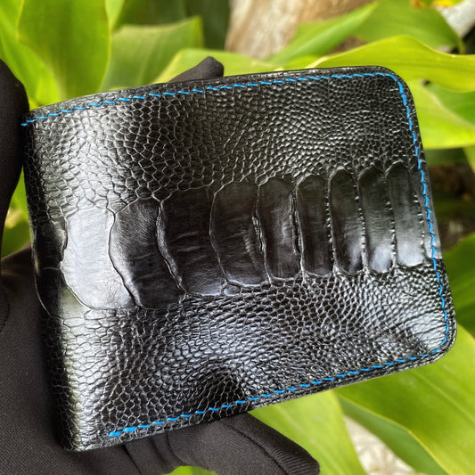 Custom Black And Navy Blue Ostrich Leg Leather Wallet