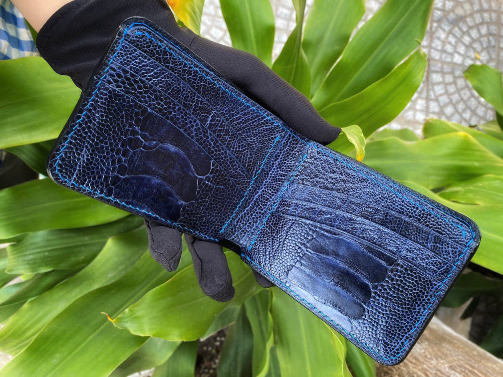 Custom Black And Navy Blue Ostrich Leg Leather Wallet