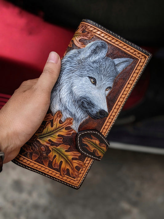 Custom Hand-Carved Wolf Long Wallet