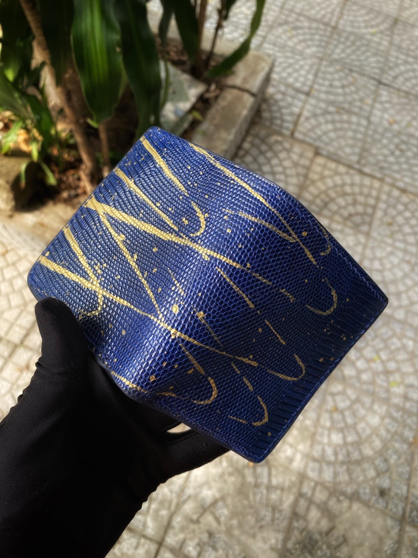 Custom Navy Blue Lizard Mix Gold Wallet with Coin Pocket