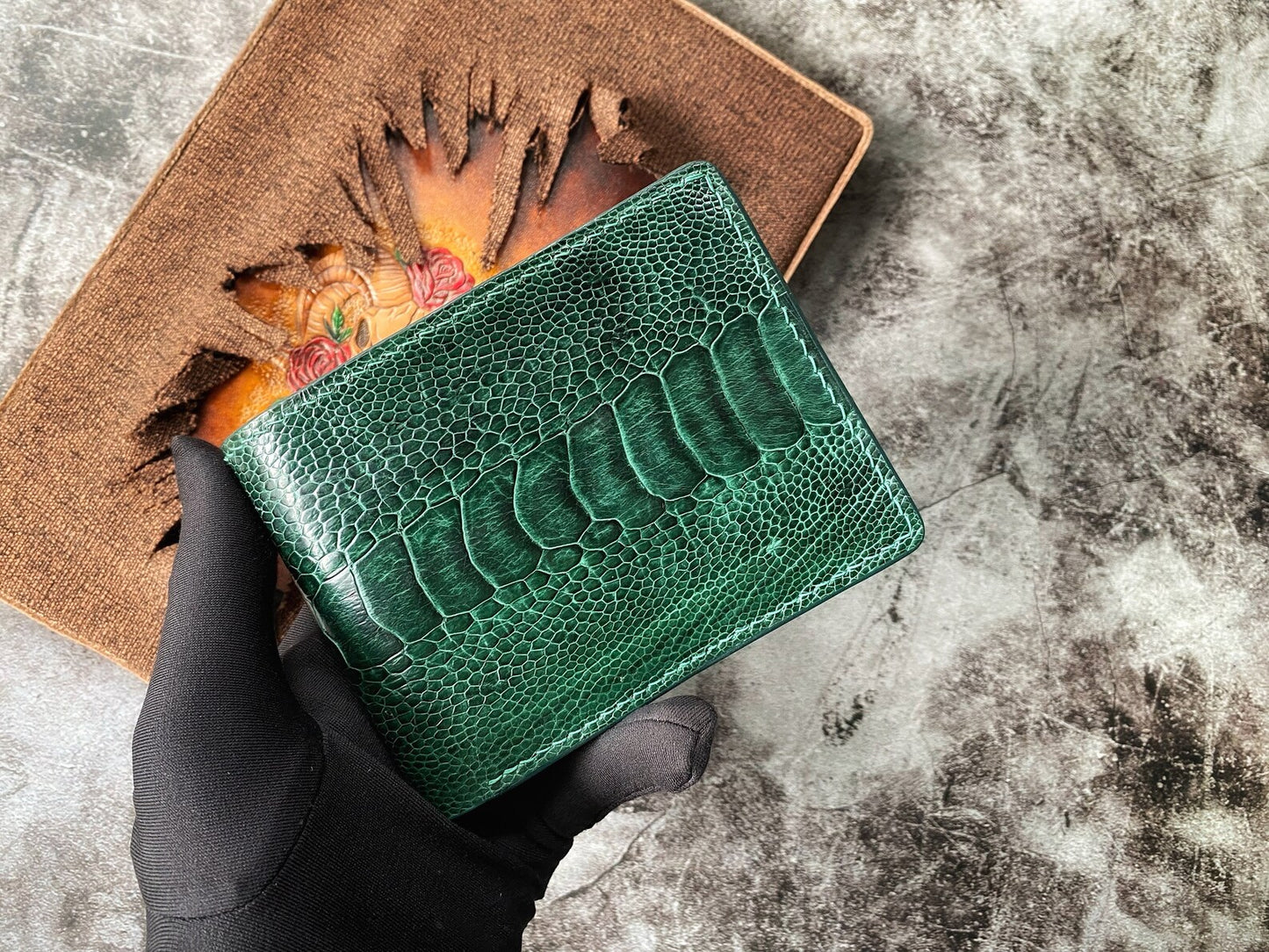 Custom Green Ostrich Leg Wallet with Coin Pocket