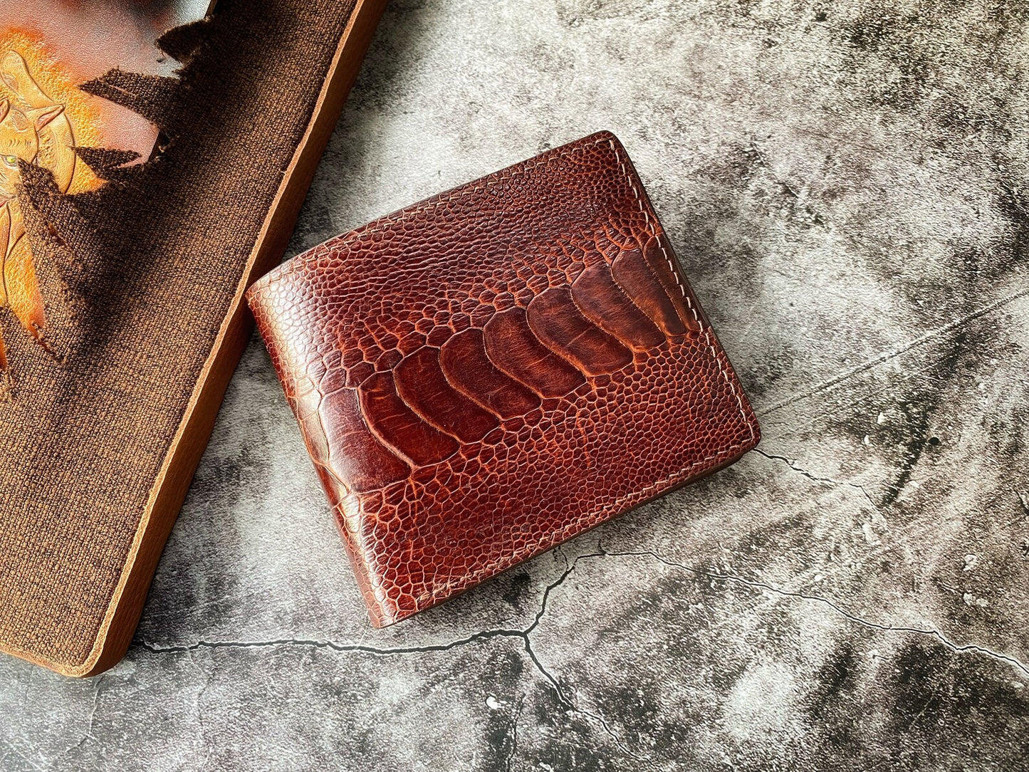 Custom Brown Ostrich Leg Wallet with Coin Pocket