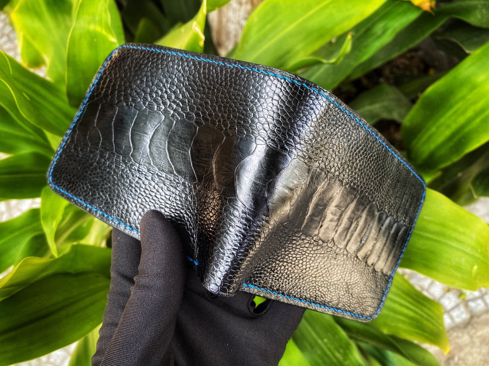 Custom Black And Navy Blue Ostrich Leg Leather Wallet