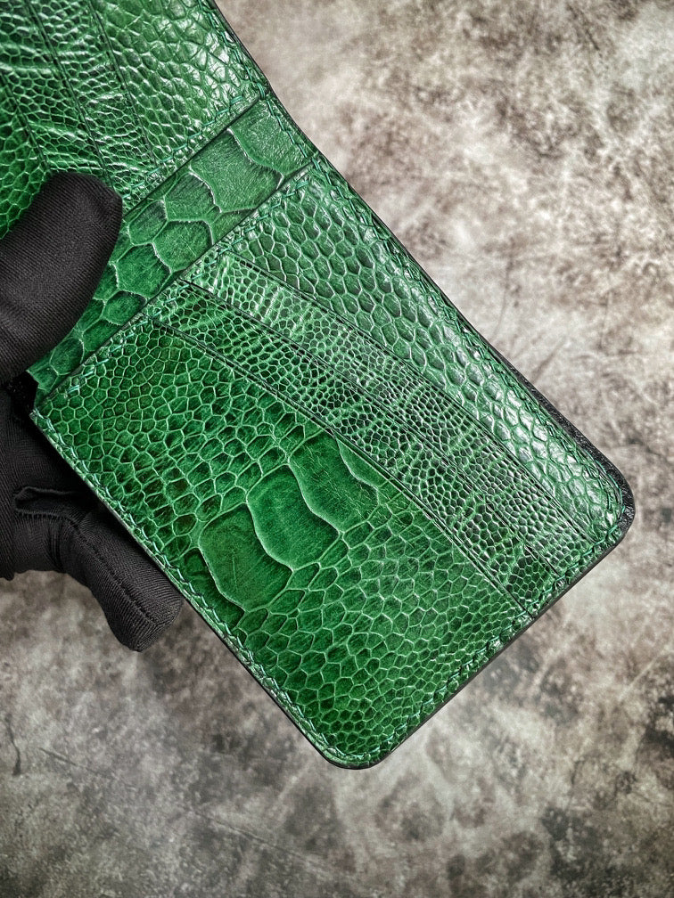 Custom Black And Green Blue Ostrich Leg Leather Wallet