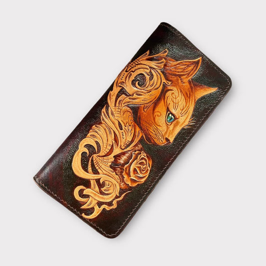 Custom Hand-Carved Cat Long Wallet