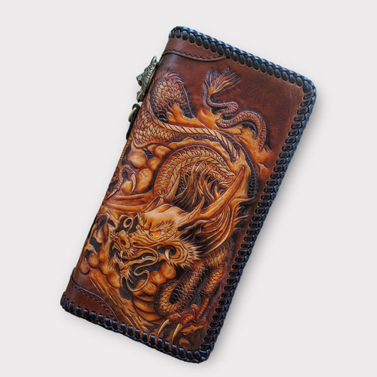 Custom Hand-Carved Dragon & Tiger Zipper Long Wallet